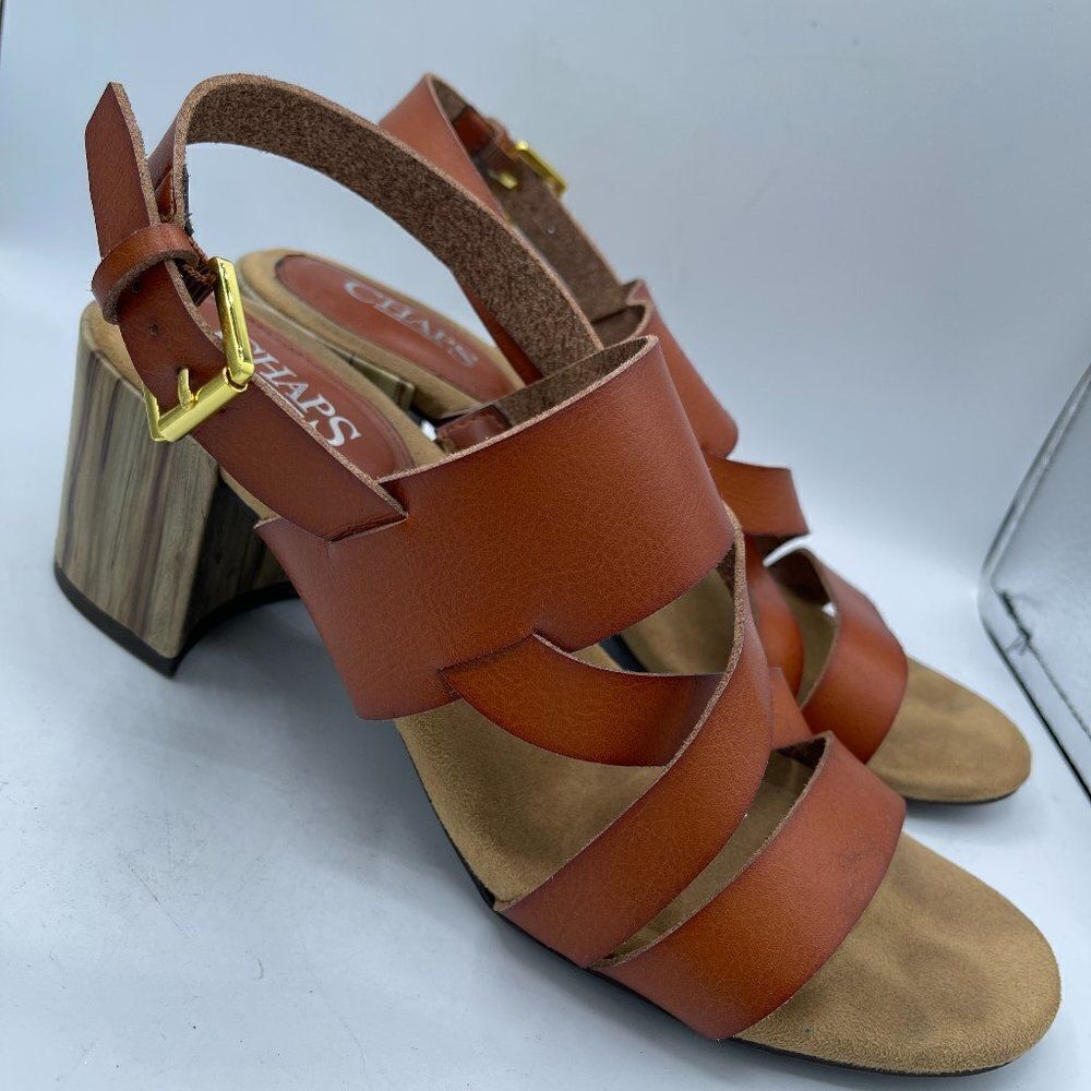 Chaps Faelyn Strappy Criss Cross Brown Faux Wood Block Heel Open Toe Sandal 8